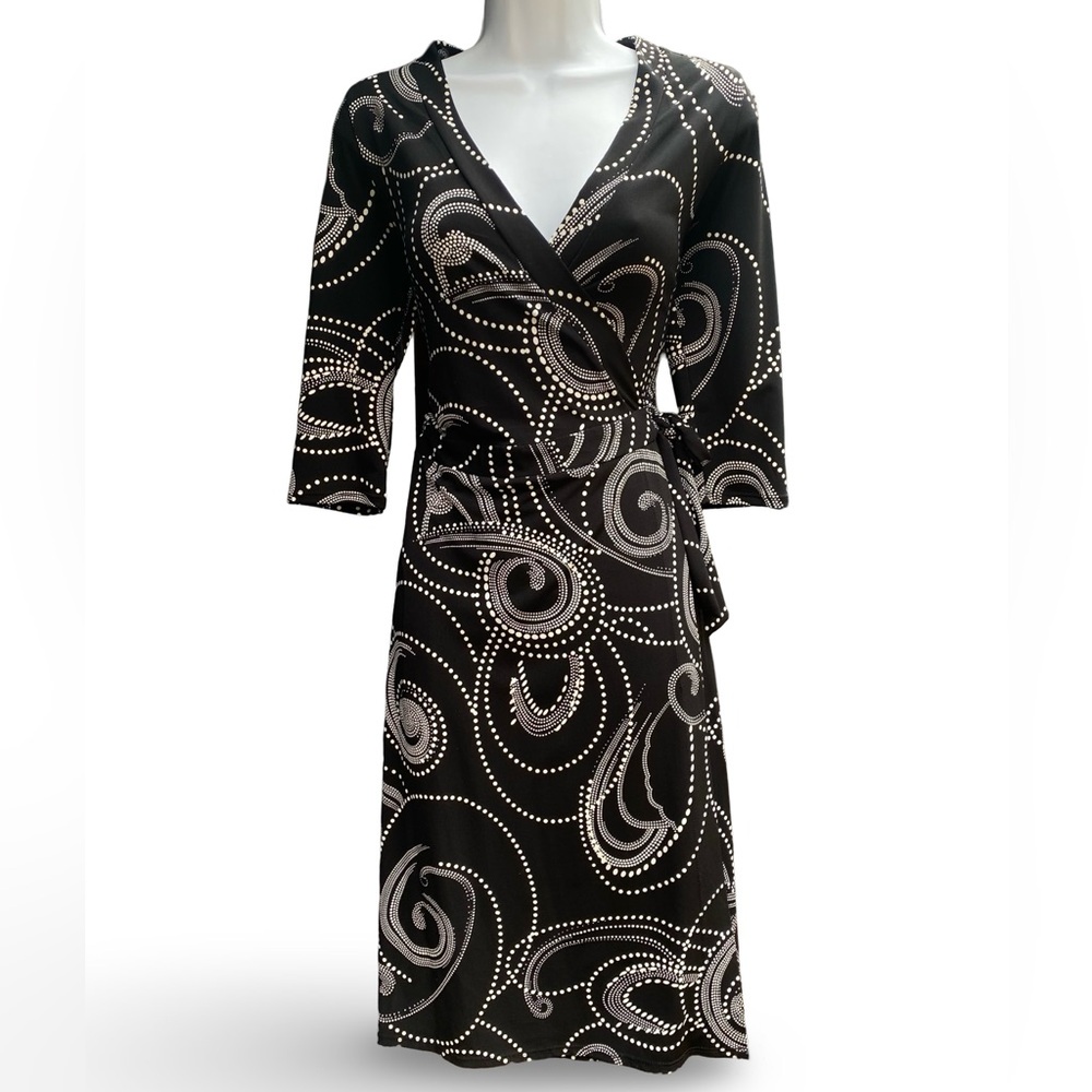 Bisou Bisou Black Wrap Dress w/ White Swirl & Dot Pattern
